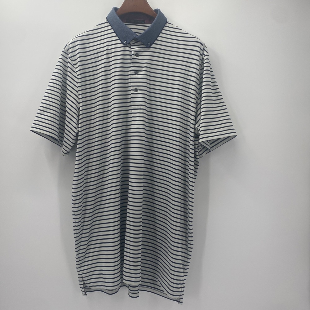 Greyson Polo Shirt Men's XXL White Navy Striped Performance Golf Rugby Stretch - Picture 8 of 9